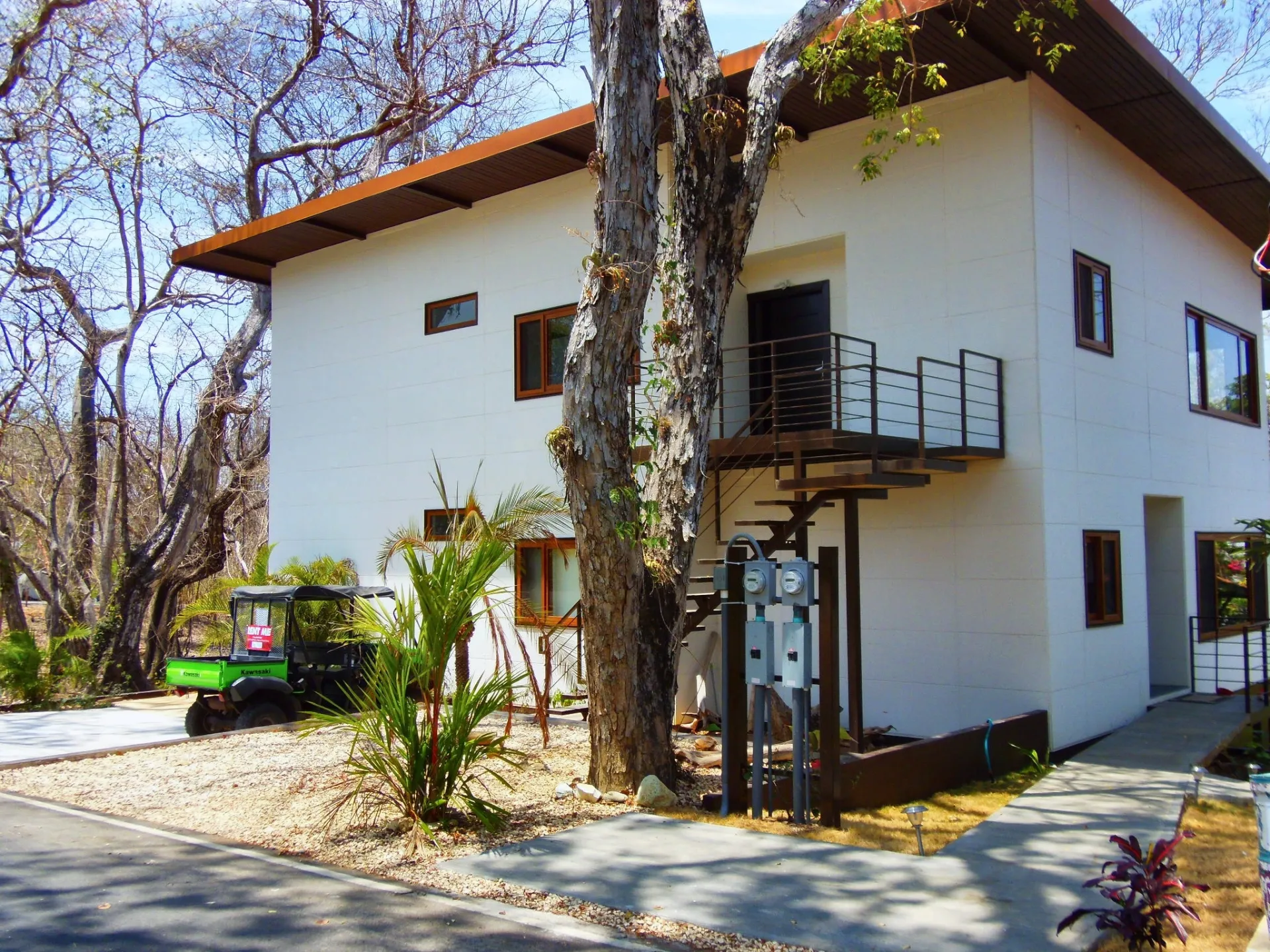 Gemini Villas from the lane, behind a big tree