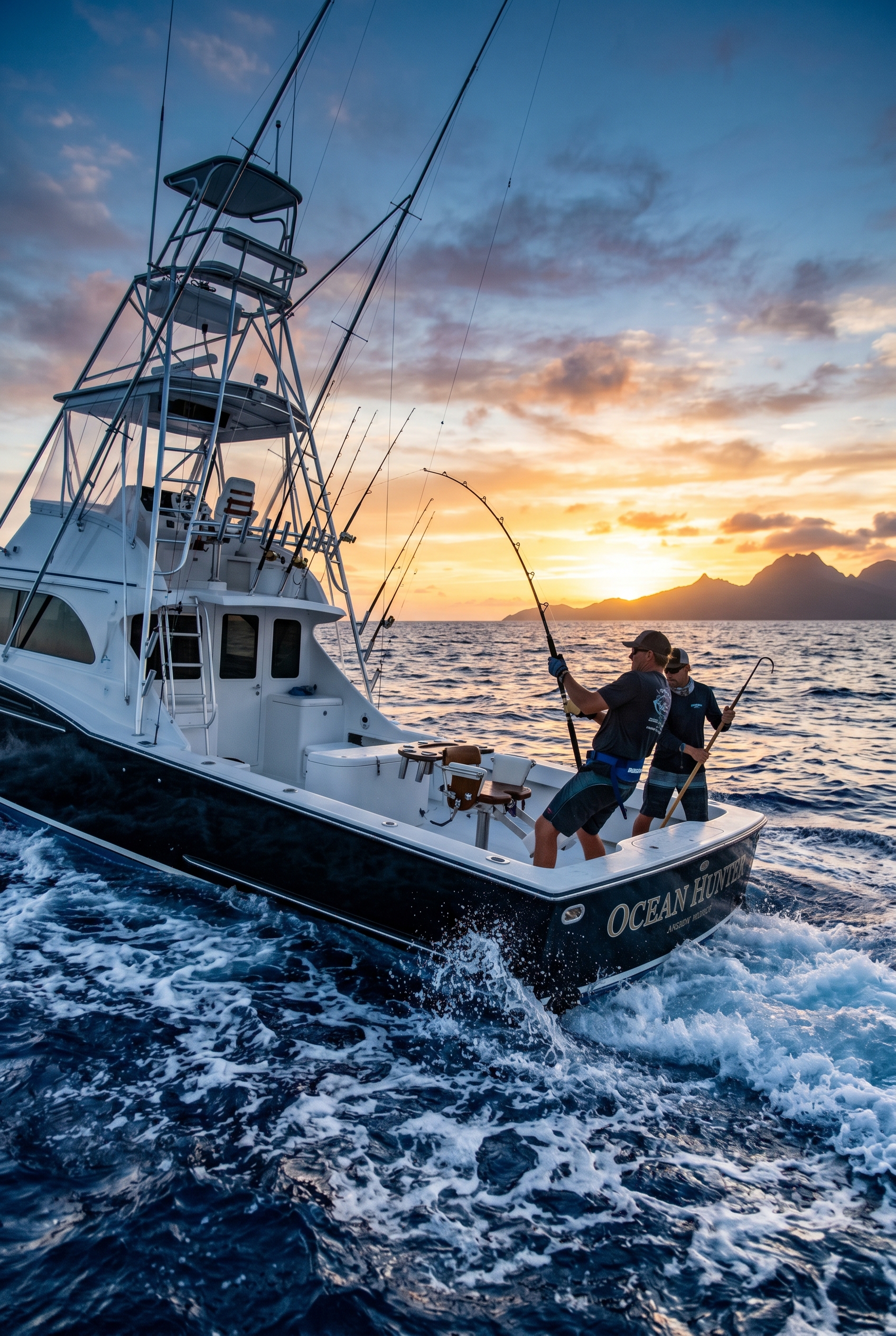 Anglers on a sport-fishing boat at sunset