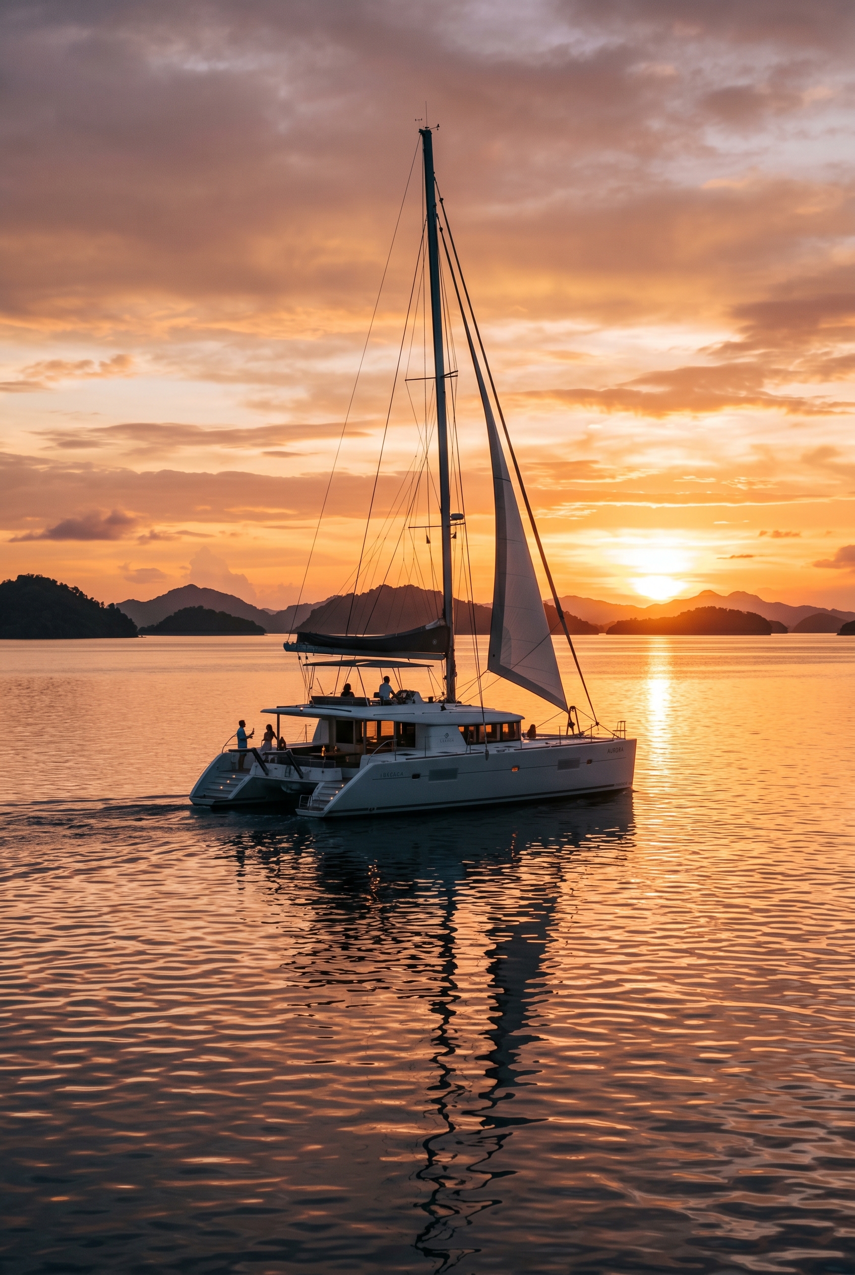 Catamaran sailing at sunset among the islands
